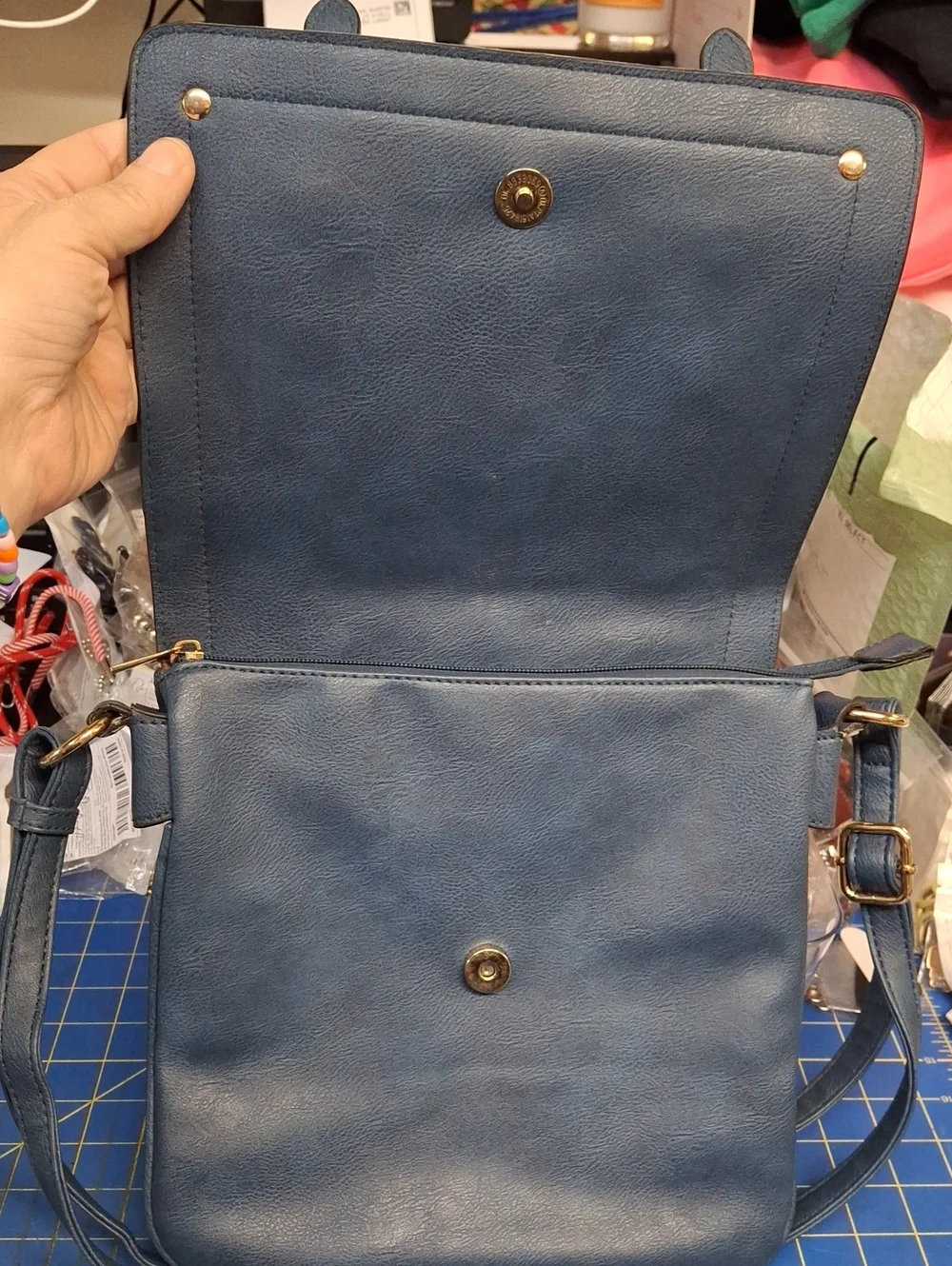 Blue Crossbody Shoulder Bag Multi Pockets Gold Hardware Preloved 10x1x1